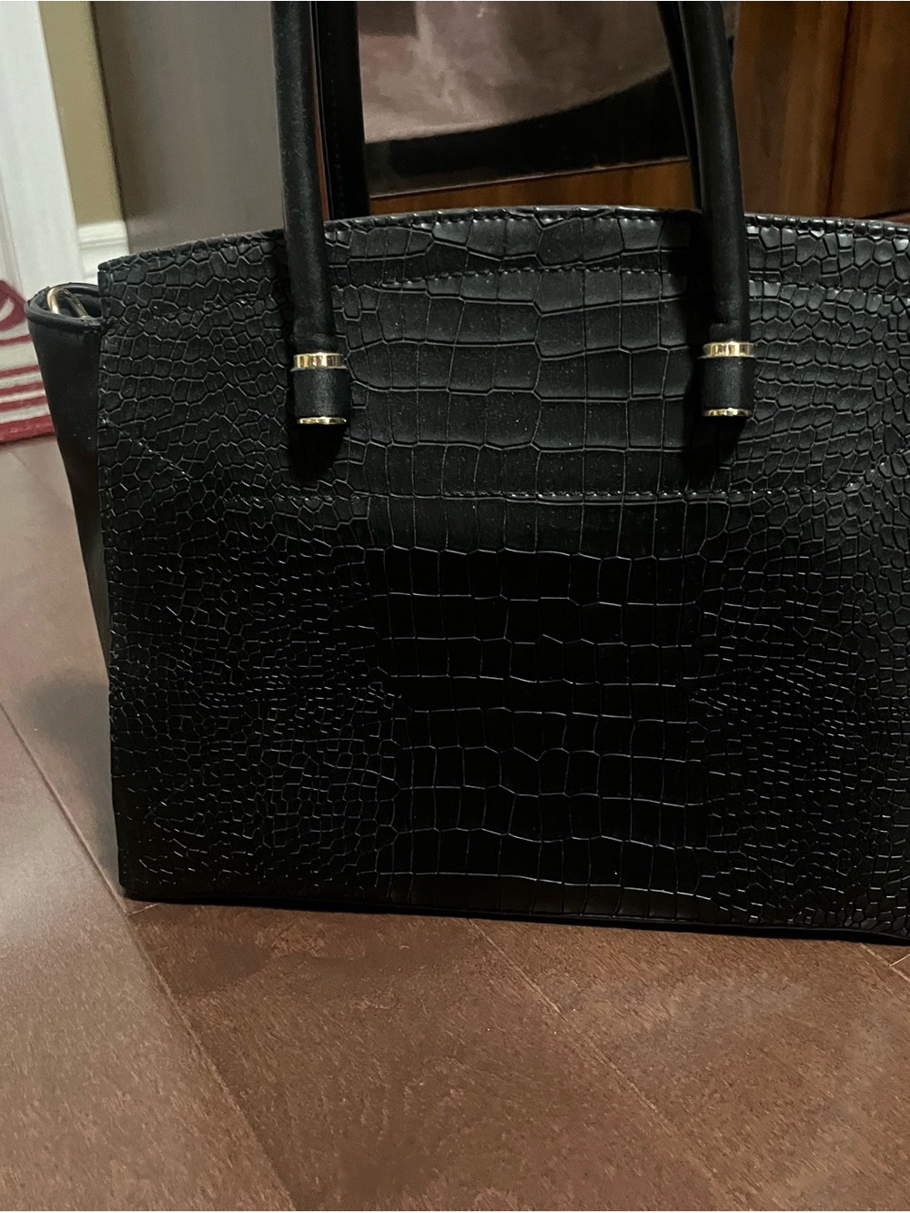 Black Croc-Embossed Structured Tote Bag by